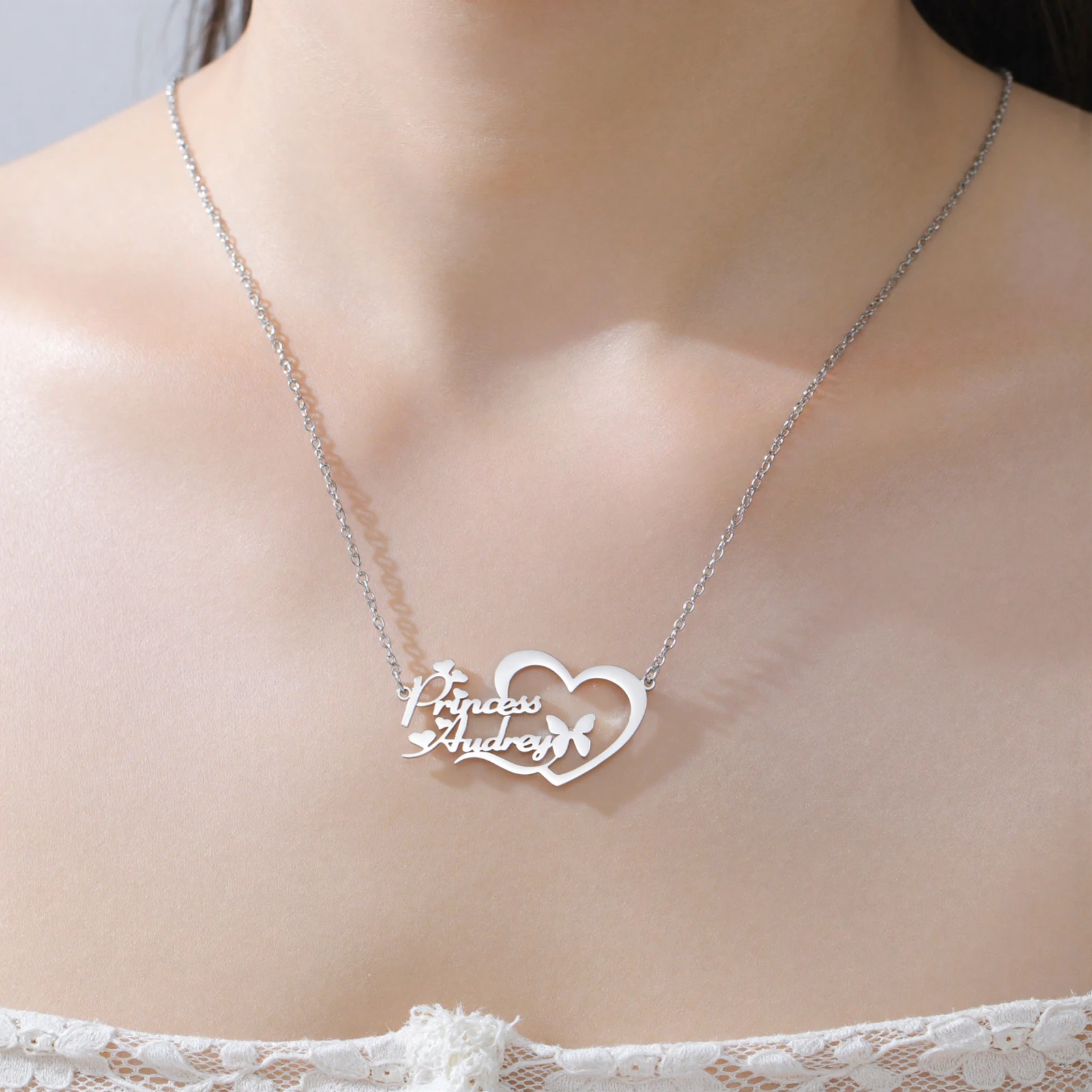 Lemegeton Customized Name Necklace Love Heart Butterfly Pendant Custom Stainless Steel Jewelry Personalized Couple Birthday Gift