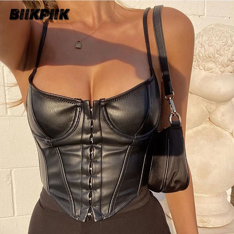 Elegant Sexy Women PU Cest Deep V Neck Halter Sleeveless Solid Color T-shirt Women's Autumn Punk Club Button Street Style Corset