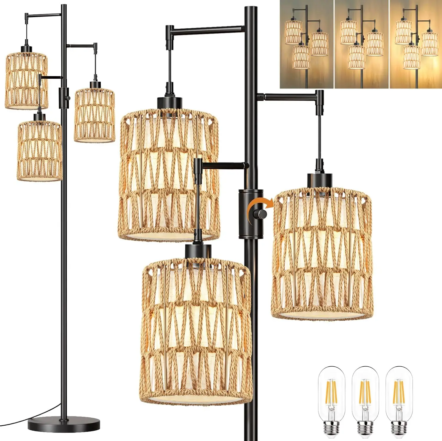 

Dimmable Boho Floor Lamp with 3 LED Bulbs, Rustic Black Tree Design for Living Room Bedroom Office