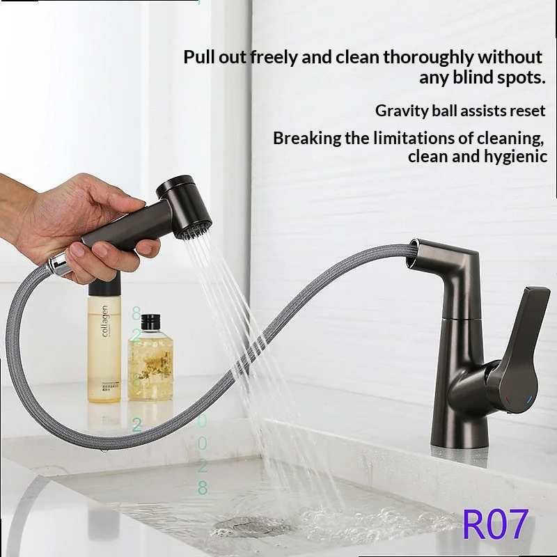 Bathroom Basin Pull Out Faucet Brass Sink Mixer Tap Swivel Retractable Cold Hot