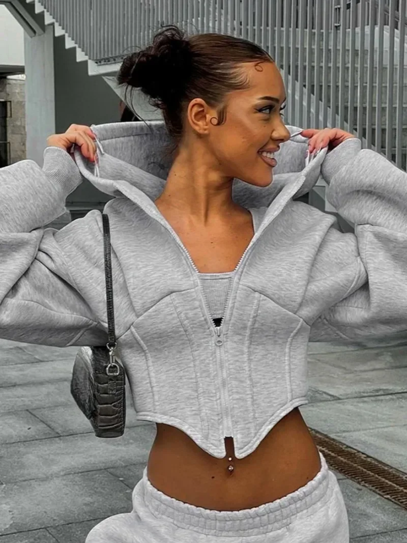 Women Streetwear Gray Hoodies Fashion Casual Zipper Corset Coats Outerwears 2024 Autumn Long Sleeve Hooded Cropped Sweatshirts