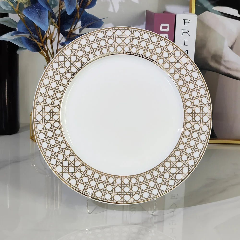 European Light Luxury Tableware Set Bone China Gold Grid Dessert Dinner Plates European Club Villa Restaurant Table Steak Dish