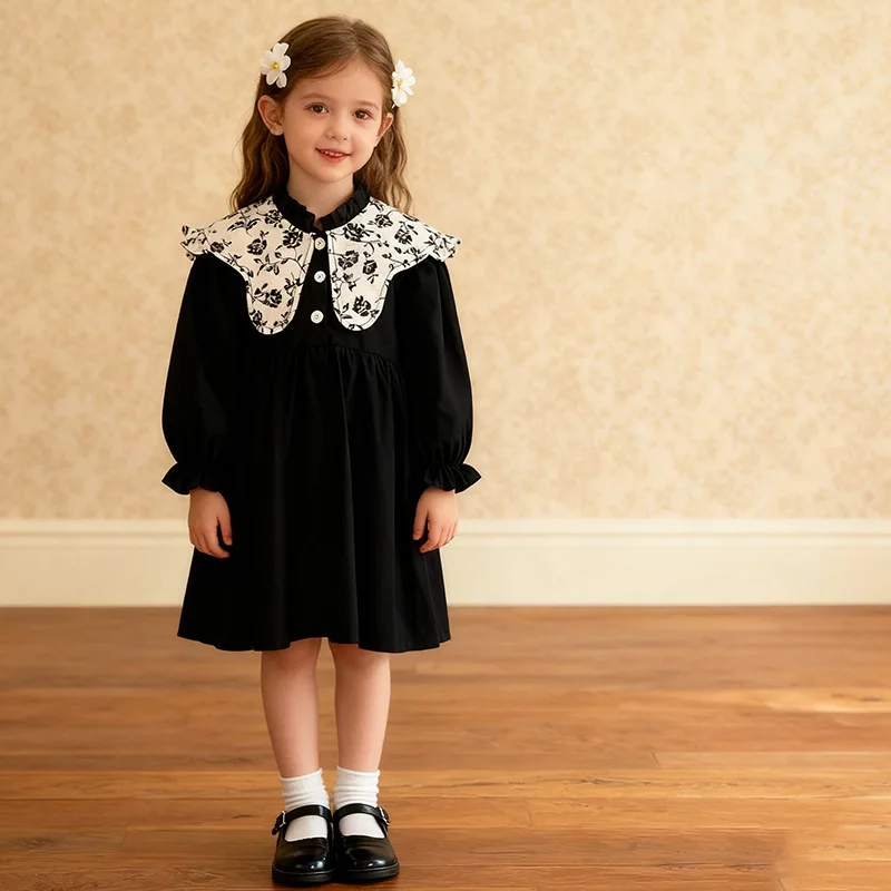 Girls' Retro Temperament Long Sleeve Princess Dress for Kids New Autumn & Winter Style Mandarin Collar Palace Style for Baby