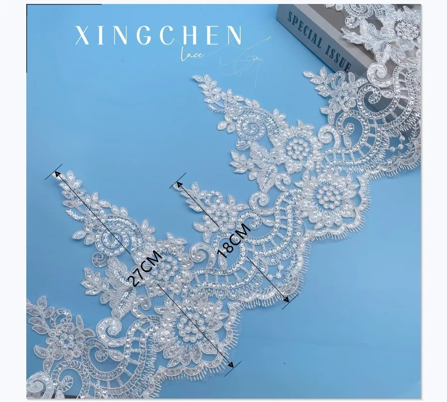 1 Yard 27cm wide Ivory Sequin Cording Fabric Flower Venise Venice Mesh Lace Trim Applique Sewing Craft for Wedding Dec.