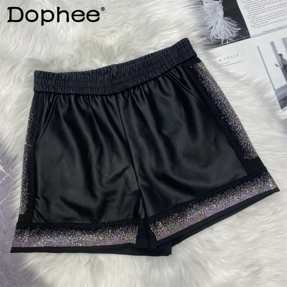 

2024 Autumn Winter New Fashion Shorts Korean Stylr Elastic Waist Shorts Fashion Diamond-encrusted Black Shorts Women Clothing