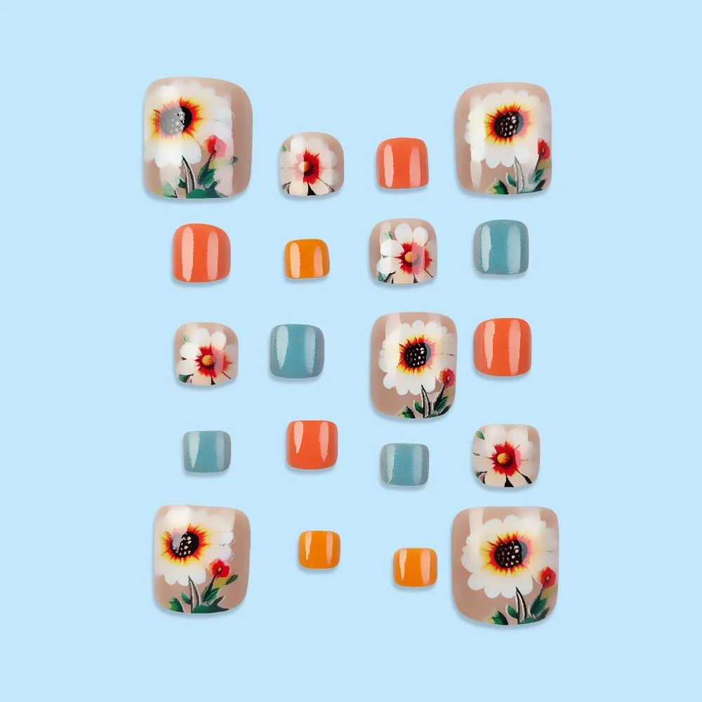 24 stks/set korte vierkante teennagels levendige zonnebloemen nep nageltips druk op valse nail art kit