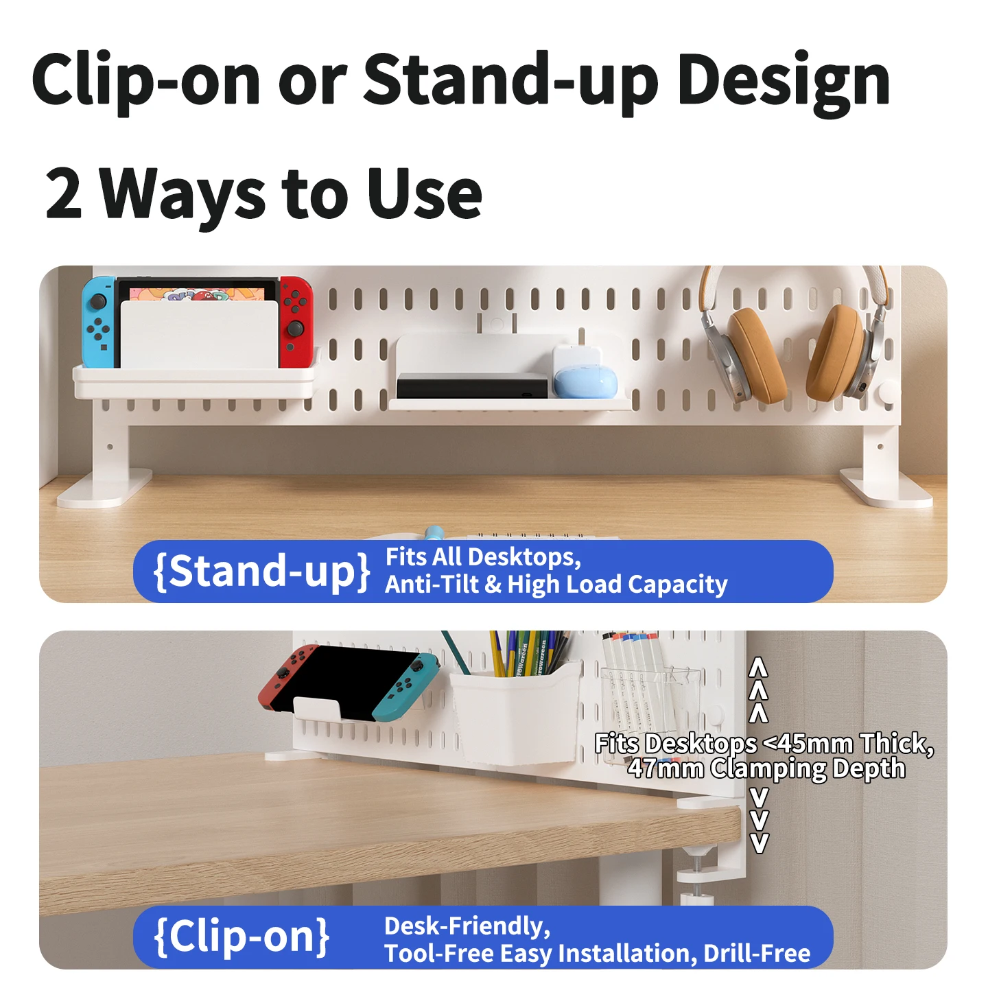 Plastic Desktop Pegboard Organizer | Free Combination Wall-Mounted Rack with Hooks, Bins, Shelves & Baskets for Home Office