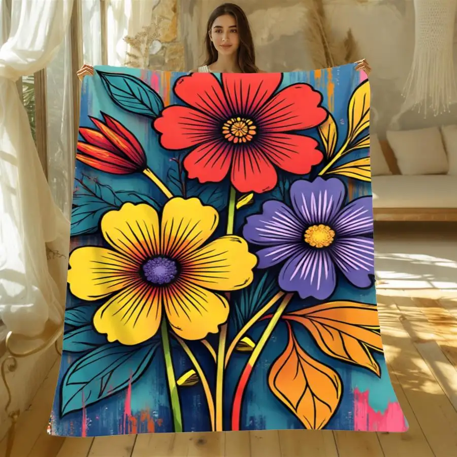 1pc Warm Premium Flannel Blanket with Vibrant Abstract Floral Print, Bold Saturated Colors And Playful Design, Soft Decorative Throw for All Seasons 280GSM Perfect As Home Decoration & Holiday Gift Choice