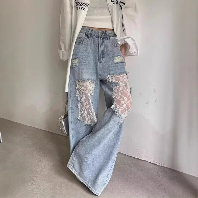 Women Denim Pant Wide Leg Pants Floor Length Lace Splice Jeans Straight Pants High Waist Hole Trousers Y2k Streetwear