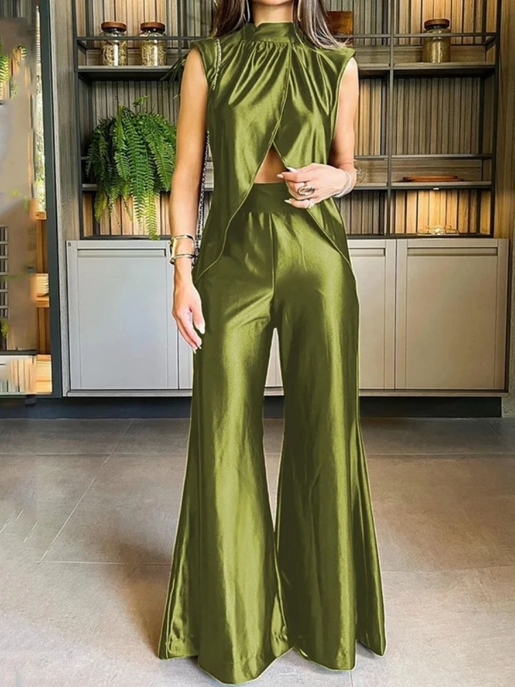 Summer New Fashionable Two Piece Set with Sleeveless Open Umbilical Solid Color Top and Split Loose Bellbottom Pants Set