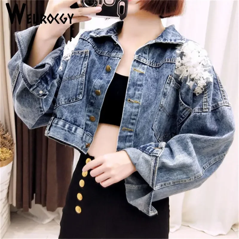 Jackets For Women 2023 Autumn Korean Edition Versatile Casual Loose Flower Tassel Long Sleeve Jean Denim  Clothes Outerwear