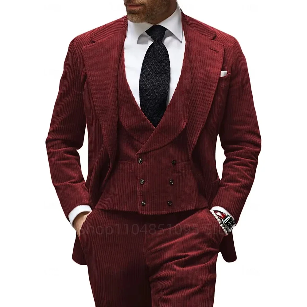 Burgundy Corduroy Men's Suit Formal Business Workwear Groom Wedding Tuxedo Slim Fit Blazer 3-piece Set Elegant Suit Men XS-5XL