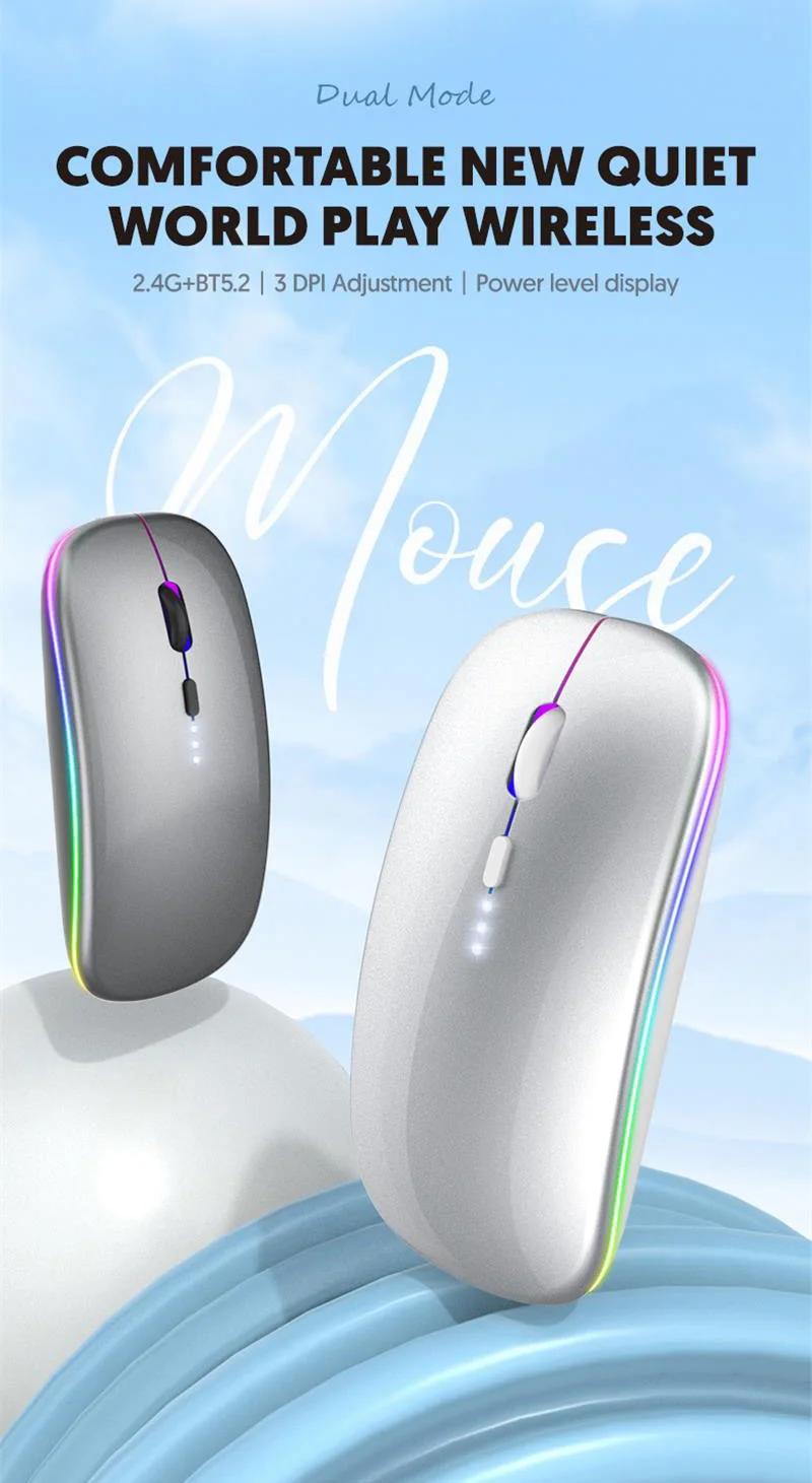 Ratón inalámbrico recargable silencioso retroiluminado con LED ratones PC portátil ordenador Mous 2,4 Ghz receptor Bluetooth modo Dual ratones ópticos