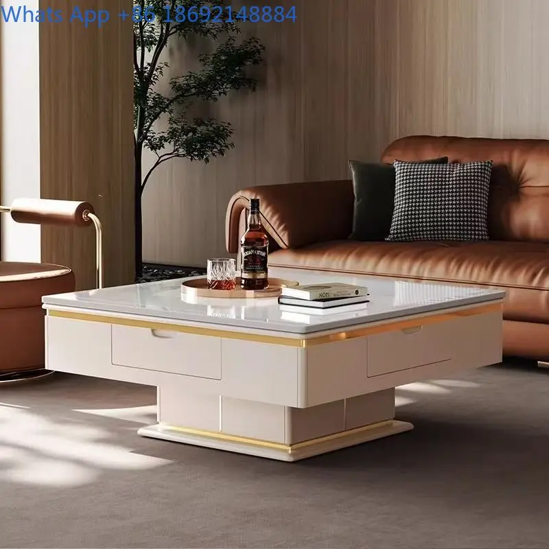 Marble Tile Mahjong Table Dining Table Coffee Table Luxury Modern Square Multi Functional Lift Two in One Home Living Room