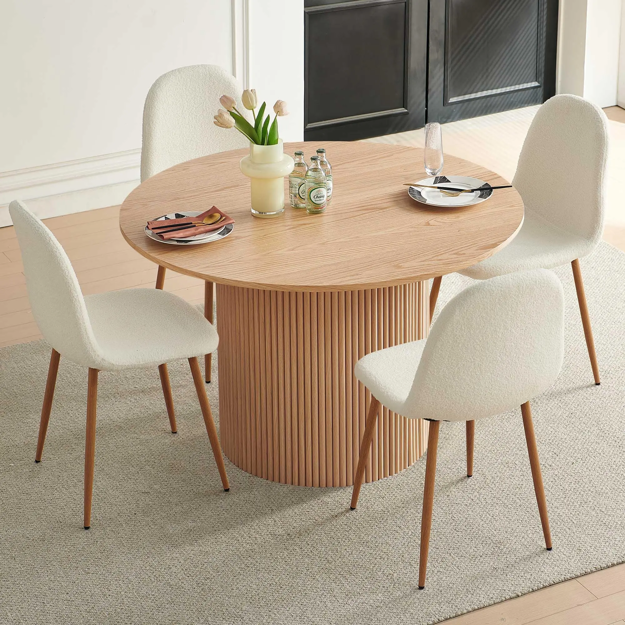 Dining Table Set for 4, Mid Century Modern 47 Inch Wooden Round Dining Table Set, Space Saving (Table + 4 Green Chairs)