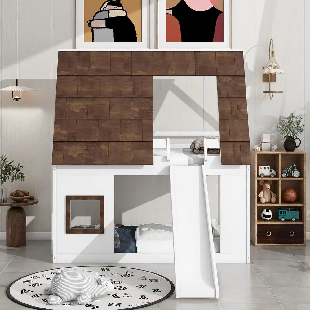 

Двухъярусная деревянная кровать Twin Over Twin с горкой, в стиле игровой площадки, белая и коричневая