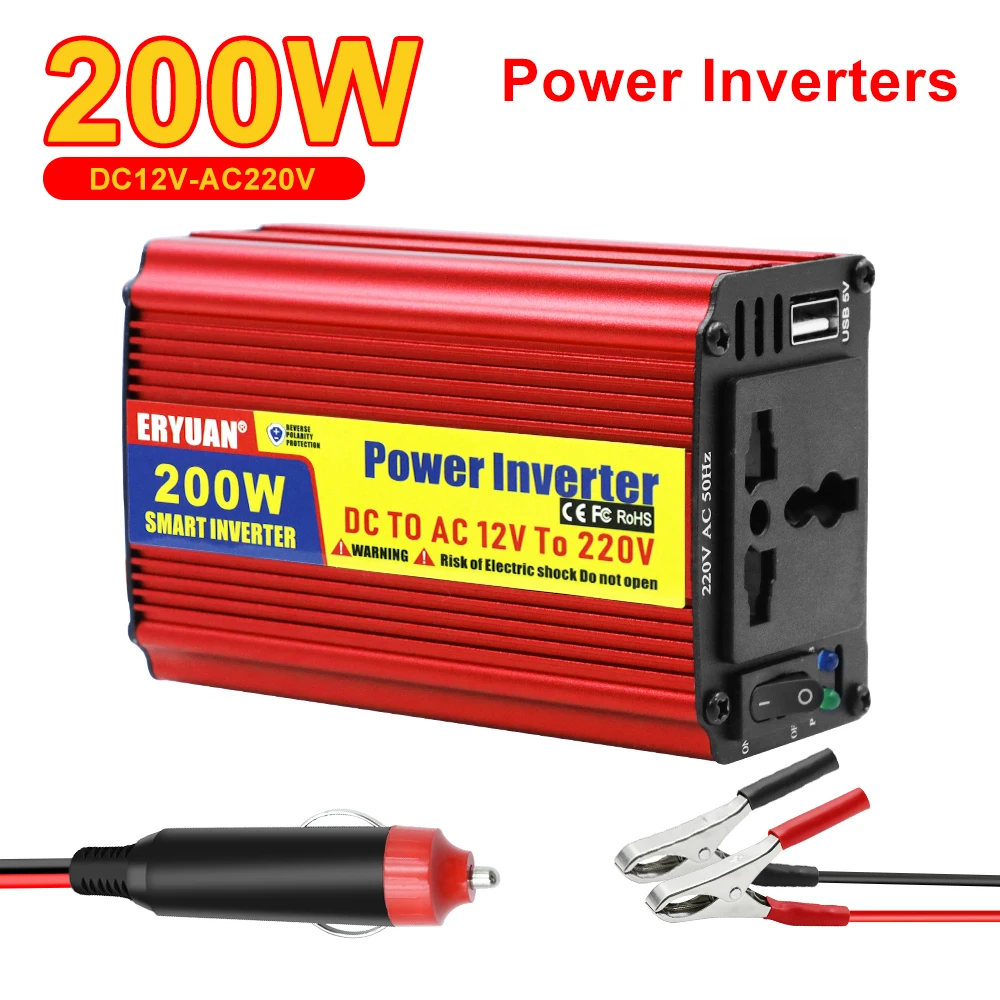 ​Car Inverter DC/AC Converter With USB Charger Port Cigar Lighter Plug/Clip Adapter Universal AC Socket 200W DC 12V to AC 220V