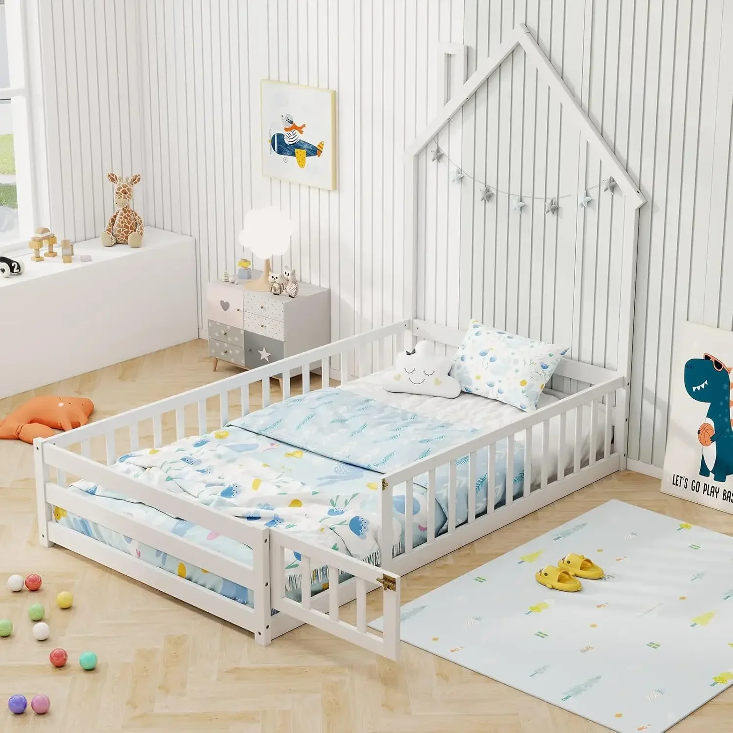 Twin Floor Bed, House-Shaped Montessori Bed Frame with Headboard, Full-Length Guardrail, Chimney & Solid Wood Structure, Without