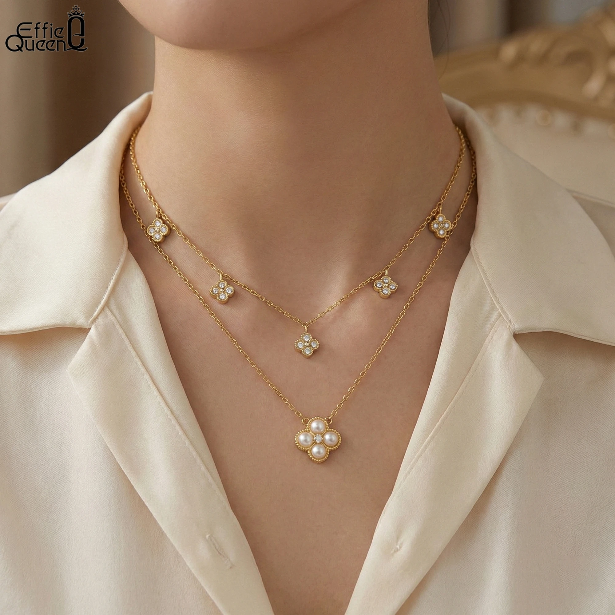 

EFFIE QUEEN 100% серебро S925, золото 14 карат, четыре листа клевера, жемчуг и цирконий, ожерелье, счастливые украшения для женщин, банкет GPN80
