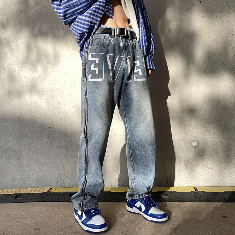 

Spring New Long Zipper Blue Jeans Men Printed Straight Casual Denim Pants Fashion Trend High Street Jean Pants Trousers