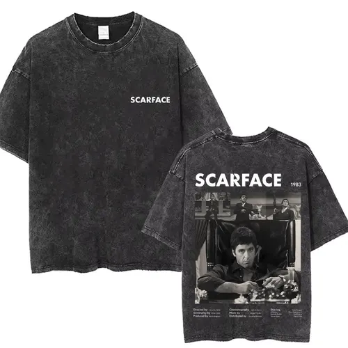 Camisetas clásicas de la película de Gangsters de los años 90, camisetas con estampado de doble cara de Scarface, camiseta lavada Vintage de Tony Montana Al Pacino, camisetas de Rock para hombres