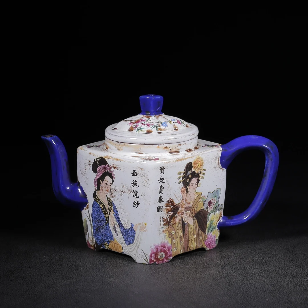 Old Chinese Handcraft Enameled  YiXing Zi Sha Clay  (red stoneware) Teapot,The Four Great Beauties of Ancient China