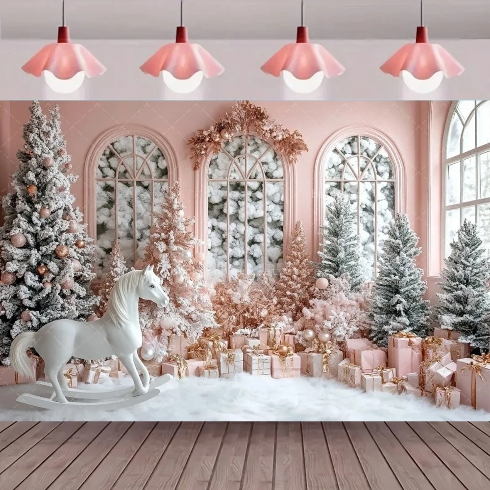 

Retro indoor arched window, pink Christmas photography Backdrop, Christmas tree gift, children's photography decoration Backdrop