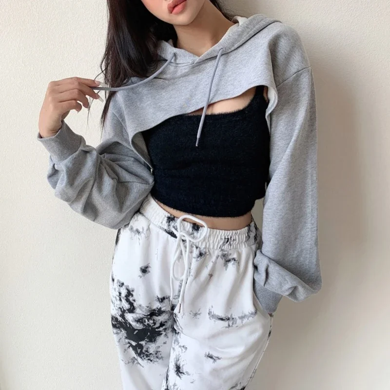 Sudaderas con capucha recortadas de manga larga para mujer, sudadera Punk Hip-Hop Dance Plain Sexy Rave Cutout, Top corto suelto