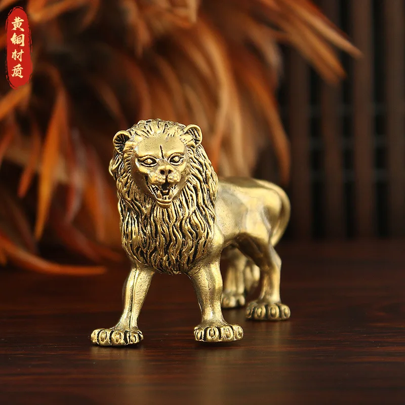 Brass African figurine, copper male lion for home decoration, Feng Shui ornament, antique-style display piece, tabletop tea