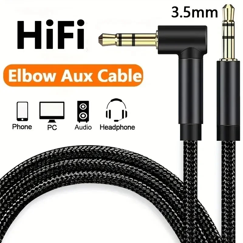 3.5mm Jack Audio Cable 90 Degree Elbow Male to Straight Male Aux HiFi Cable For Samsung S20 Car Headphone MP3/4 Aux Cord Wire