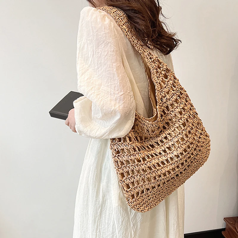 Rattan Crochet Shoulder Bag Summer Women Beach Tote Handbags Vintage Straw Woven Bag