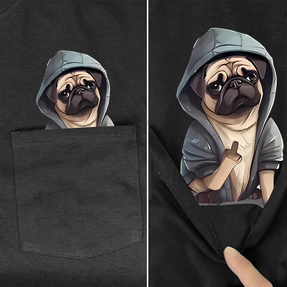 CLOOCL Pug Dog Cotton T-Shirts Pekingese Show The Middle Finger Printed Pocket T-shirt Mens Women Clothing Short Sleeve Shirts