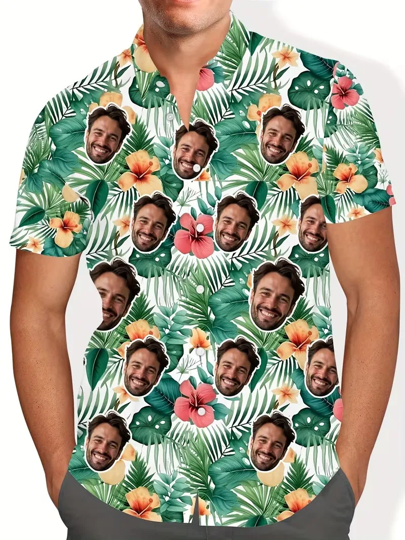 Customize Large Size Men's Hawaiian Shirts Print Your Face Or Photos Funny Beach Shirt Short Sleeve Button Up Vacation Shirt