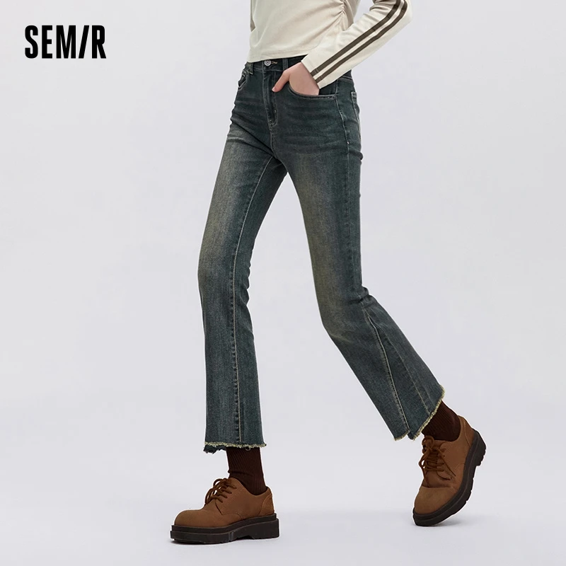 Semir Jeans Women Distressed Trendy Fashion Street Style 2025 New Spring Spicy Girl Fringed Flare Trousers Vintage Style