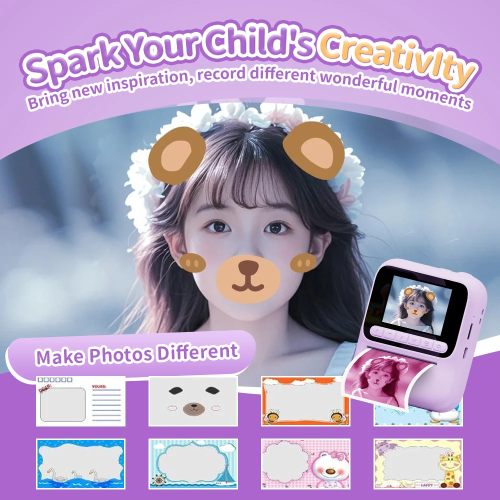 Appareil photo numérique instantané pour enfants, écran IPS de 2.4 pouces, Zoom 8X, Mini caméra imprimée couleur unique pour enfants de 3 à 12 ans, cadeaux d'anniversaire, nouvelle collection
