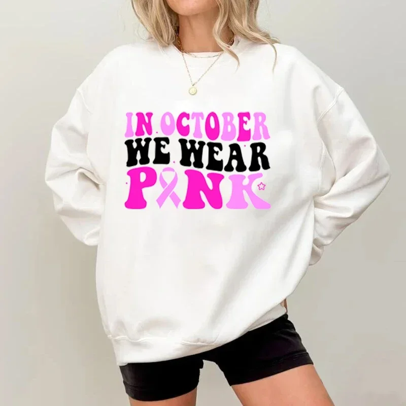 In October We Wear Pink Crew Neck Sweatshirt Unique Gift Wear Pink to Symbolize Solidarity for Breast Cancer Awareness Unisex