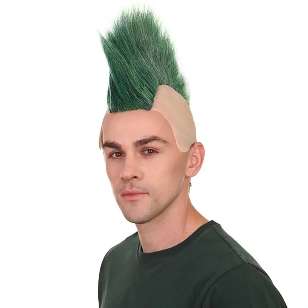 REEWES Adult Men’s Mohawk Wig Cosplay Halloween Celebrity Wig Bald Cap Design Synthetic Fiber Green Color