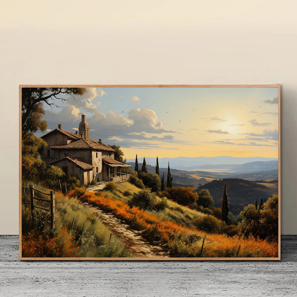 Summer Sunset Italy Tuscany Rustic Landscape Cottage Poster Print Wildflower Field Wall Art Canvas Painting Room Home Decor