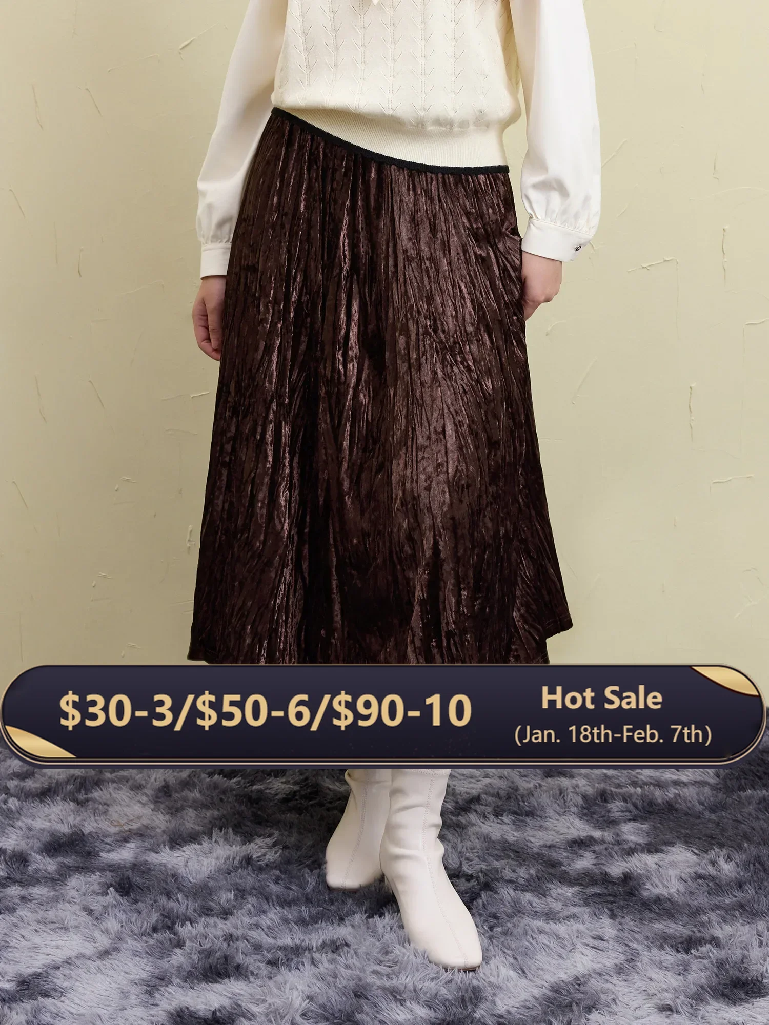 DUSHU Women Winter Velvet Skirts Retro Brown Female Long Thicken A-LINE Skirt Elastic Waist Design Elegant Skirt 24DS84644