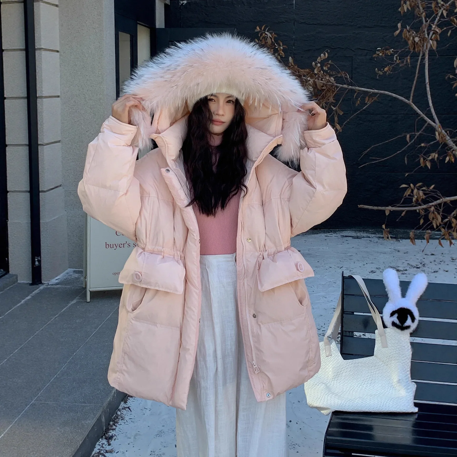 

Winter New Women's Down Jacket Commuting Hooded Big Fur Collar Warm Lace Up Jacket