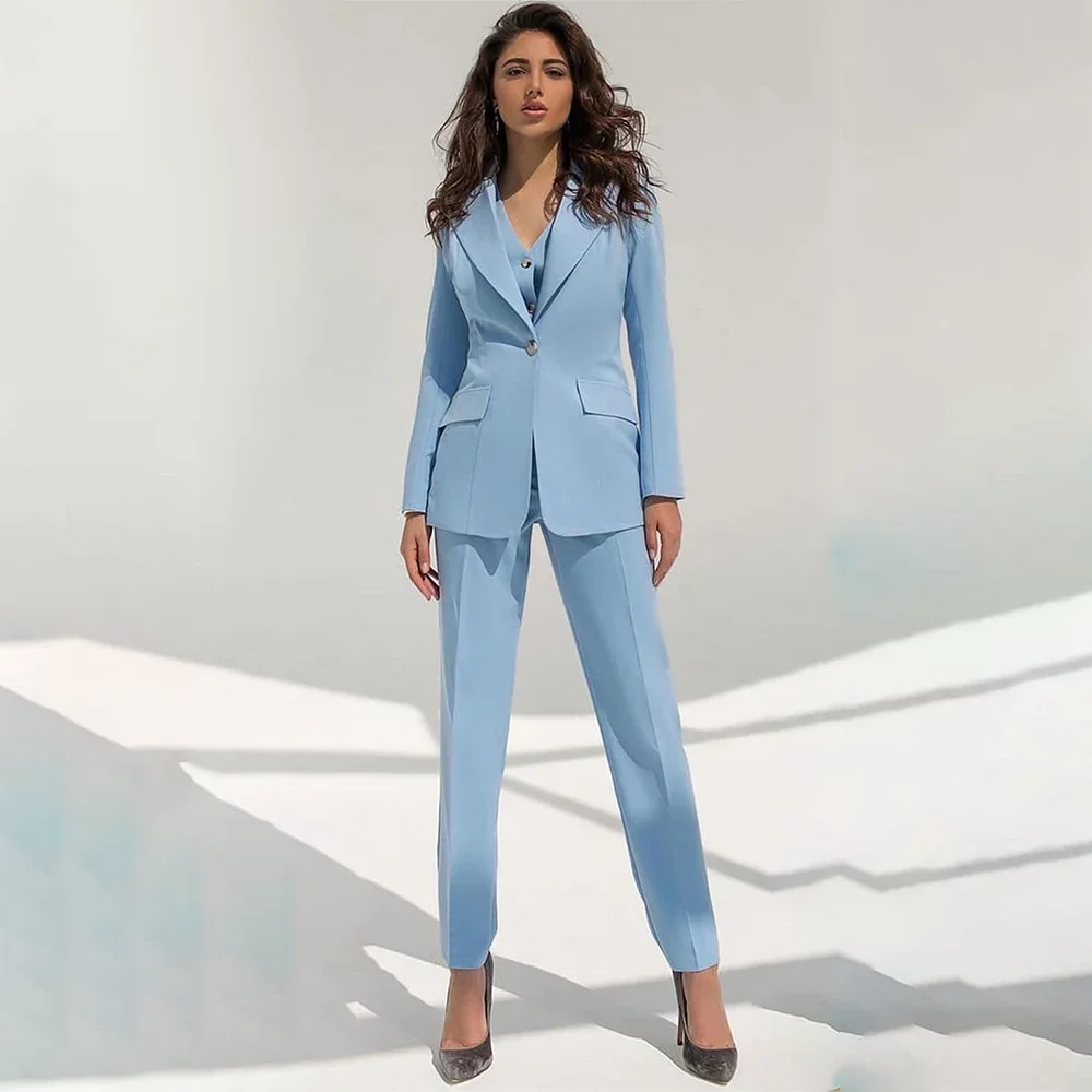 

Women Pant Suit Light Blue Long Sleeve Blazer & Trouser Formal Single Button Office Ladies Female Business Work Wear 3 Piece Set