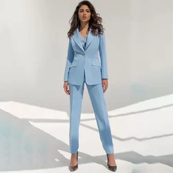Traje de pantalón para mujer, chaqueta y pantalón de manga larga azul claro, conjunto Formal de 3 piezas con un solo botón para oficina, ropa de trabajo de negocios para mujer