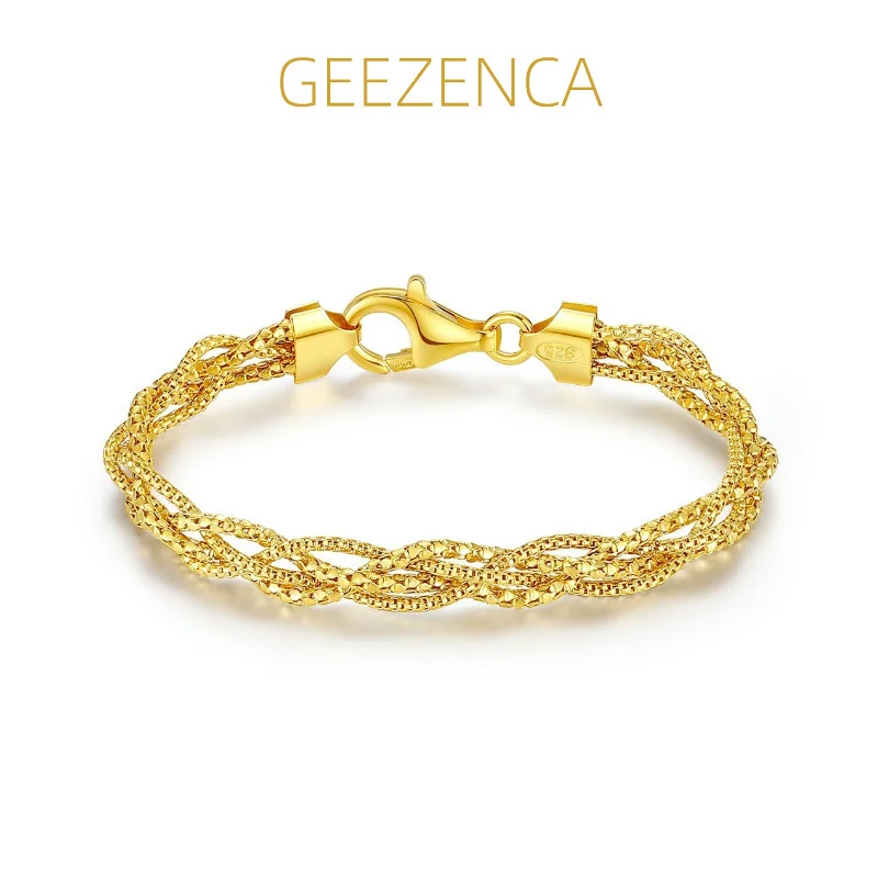 GEEZENCA Italian Sparkling S925 Silver Four Threads Woven Chain Stereoscopic Bracelet Women Chic Luxury Shiny Braided Bracelets