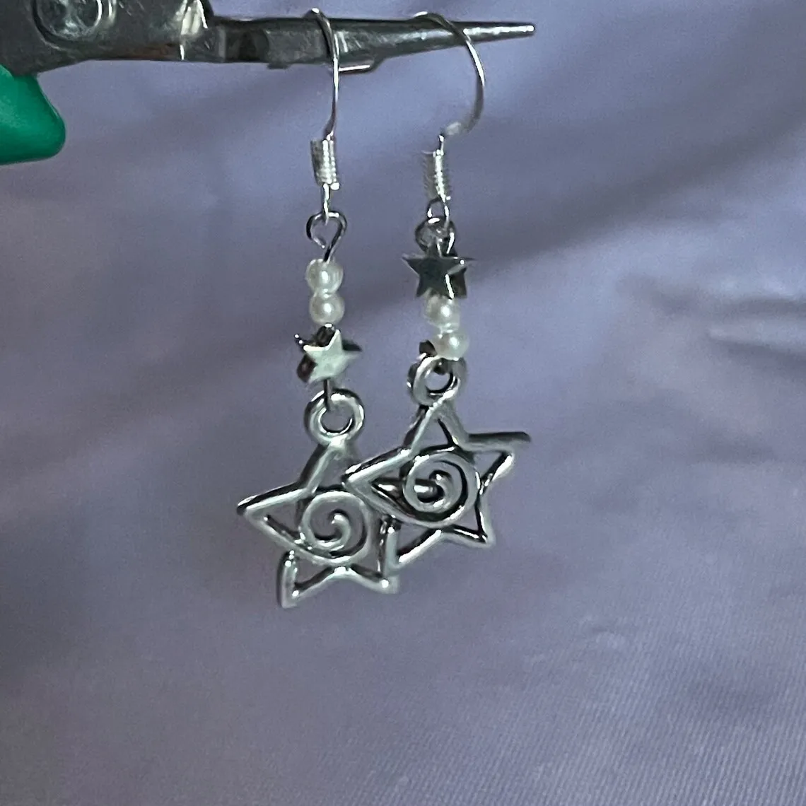Faux Pearl Whimsy Goth Swirly Star Asymmetrical Earrings Silver Color Pair of Celestial  Witch Celestial Gift Friend Women Boho
