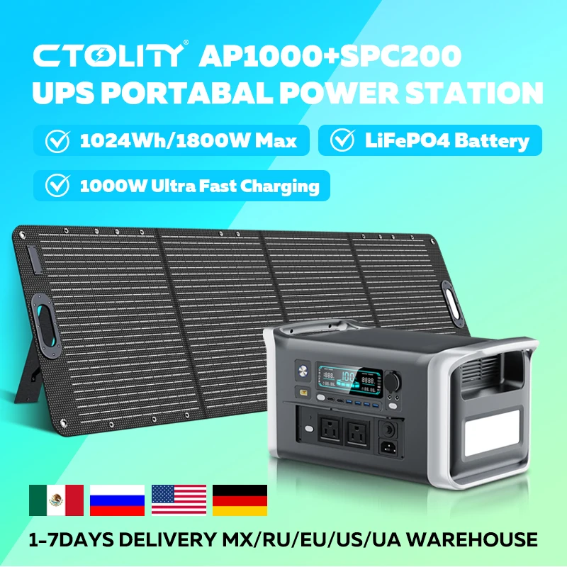 

CTOLITY AP1000 Солнечный генератор LiFePo4 1024 Втч с солнечными панелями 200 Вт 20,5 В Портативная электростанция ETFE Солнечная быстрая двойная зарядка