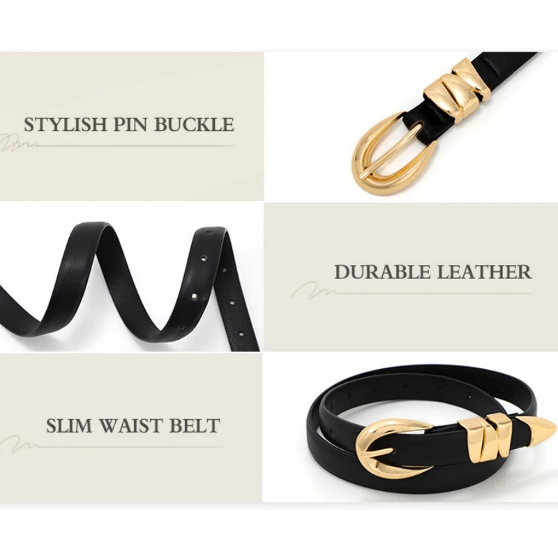 2026年新作 レディース スリムフィット PUベルト、細身ウエストバンド、デニムパンツ、フォーマルパンツ、ゴールドバックル付きおしゃれな黒ベルト