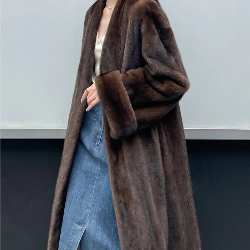 2024 New Woman Retro Mink Relaxation Coat Caramel V-neck Extended Artificial Mink Fur Slim Fit Fashion Comfortable Loose Coat