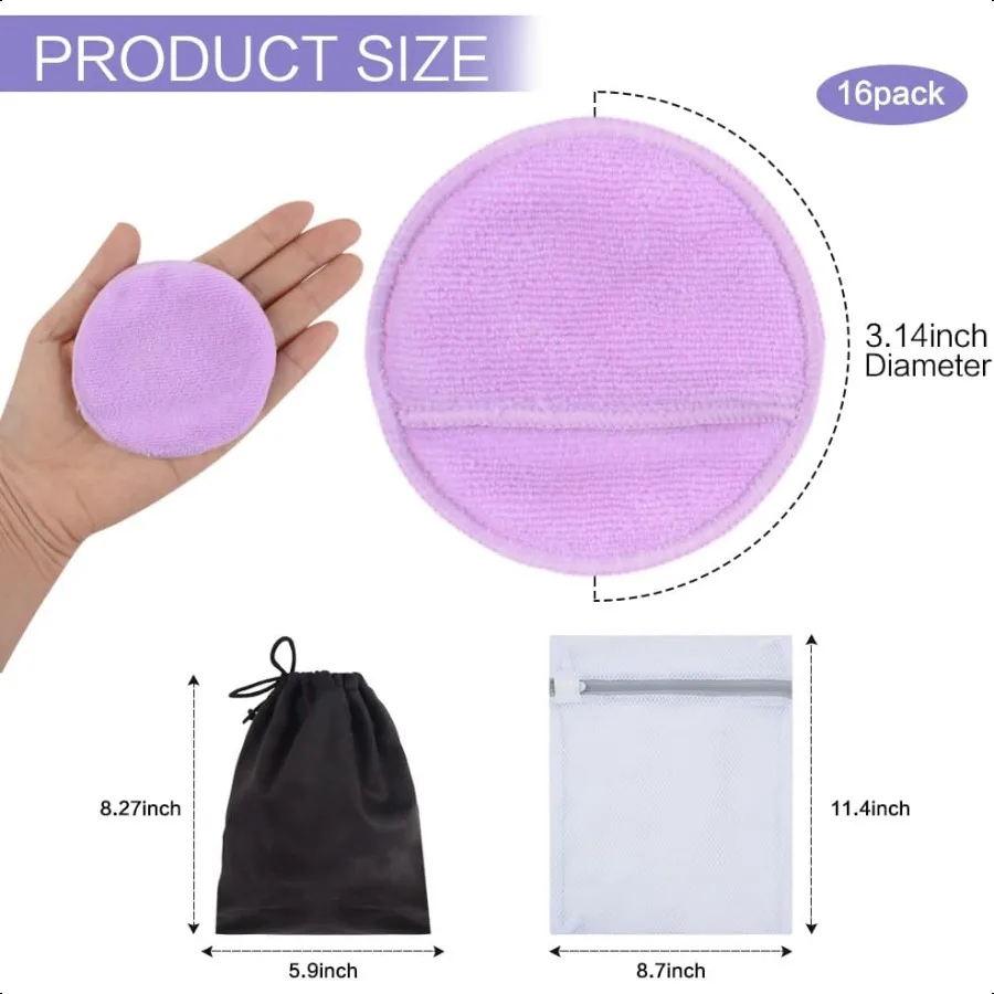 وسادات إزالة المكياج القابلة لإعادة الاستخدام لشفاه عين الوجه 16 عبوة من قفازات تنظيف الوجه المصنوعة من الألياف الدقيقة قابلة للغسل مع حقيبة الغسيل وحقيبة السفر