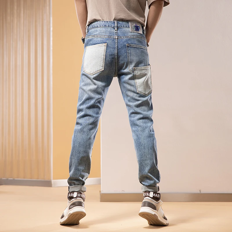 High Street Fashion Men Jeans Retro Blue Stretch Slim Fit Vintage Ripped Jeans Men Multi Pockets Designer Hip Hop Denim Pants