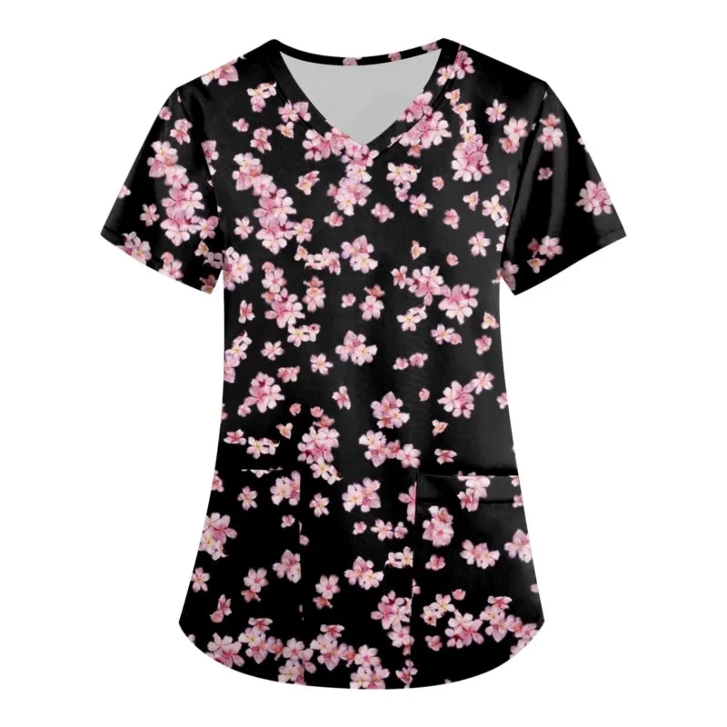 Nurse Uniform Scrub Tops Womens Butterfly Flower Print Short Sleeve Pocket Overalls Work Uniforms Medical Nursing Blouse